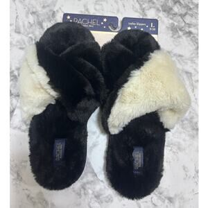 Rachel Roy Two Tone Crossband Slippers L 9/10 Blk White Slip On Loungewear NWT